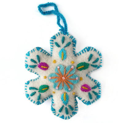 White Snowflake Embroidered Christmas Ornament, Various Colors