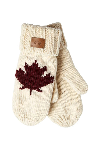 Maple Ice Mittens in white with a burgundy maple leaf
