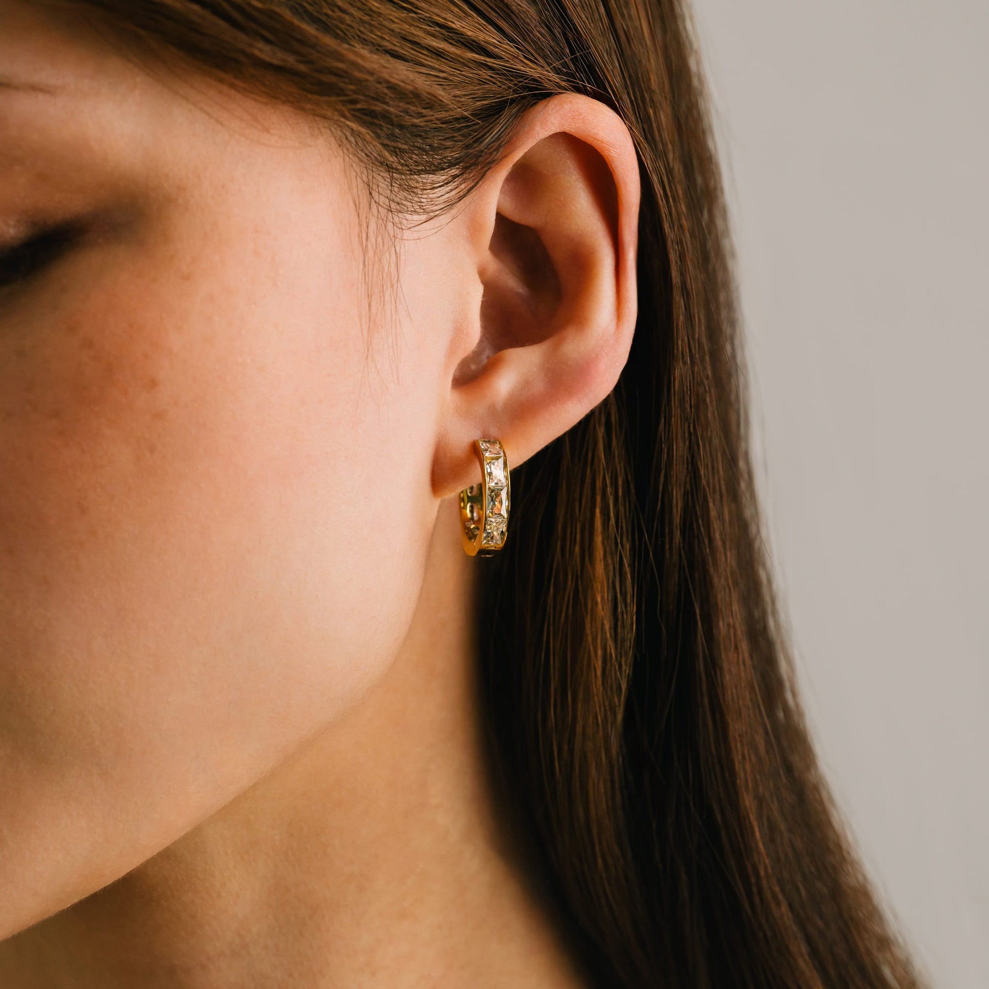 18mm Prism hoop earrings in gold by Lover's Tempo, worn