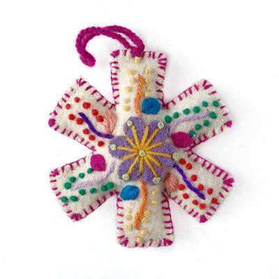 White Snowflake Embroidered Christmas Ornament, Various Colors