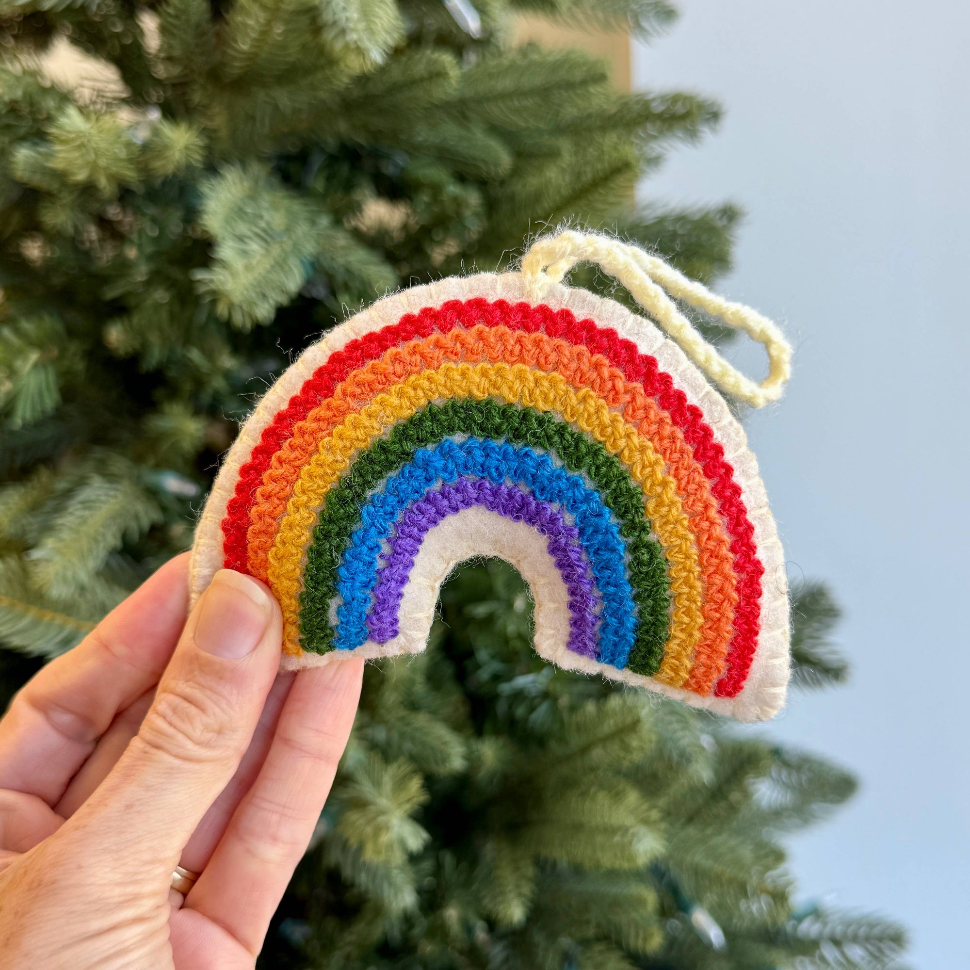 Rainbow embroidered wool Christmas ornament, detail