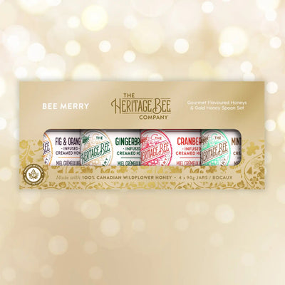 BEE MERRY Gourmet Honey Gift Set with gold honey spoon