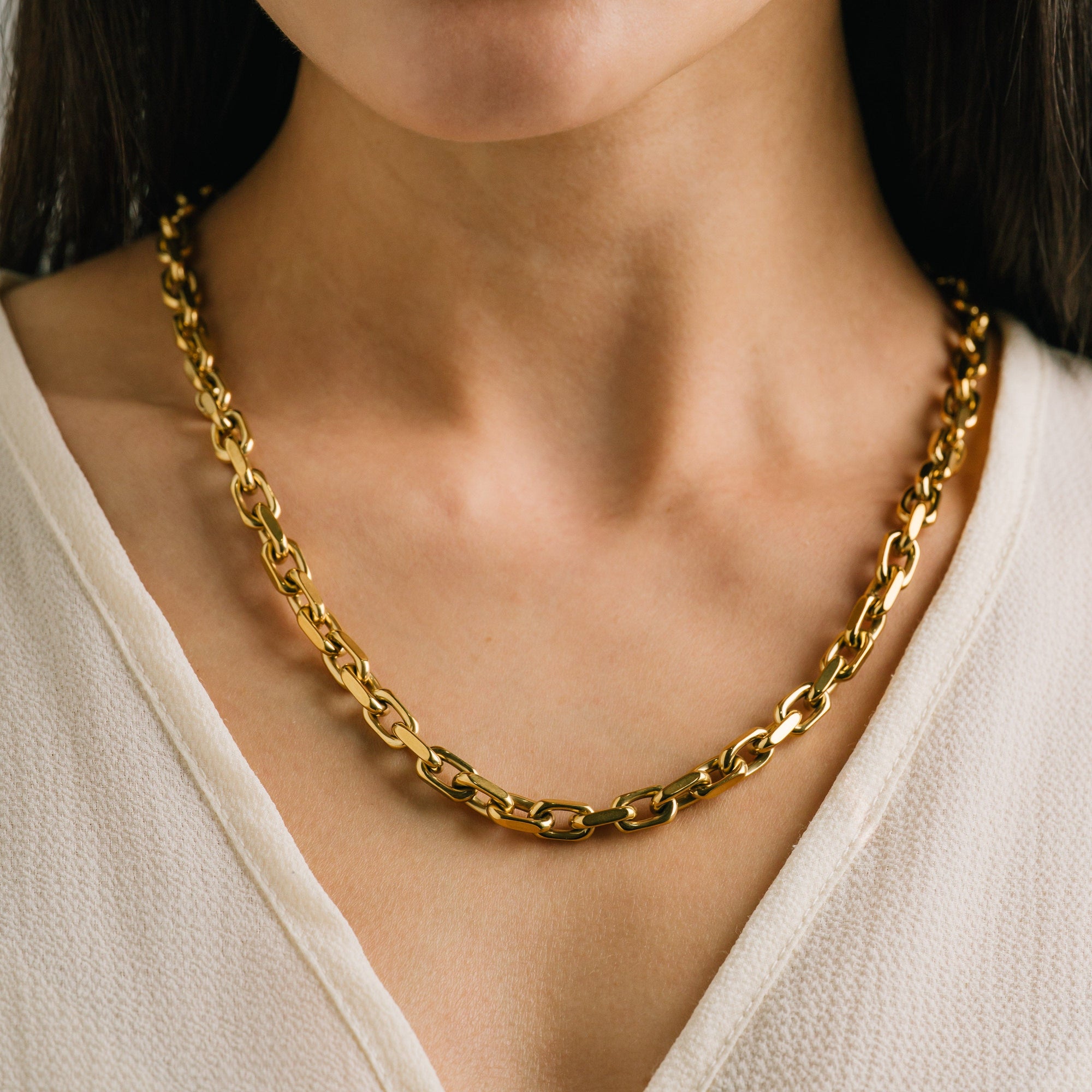 Veya chain necklace in gold by Lover's Tempo, worn