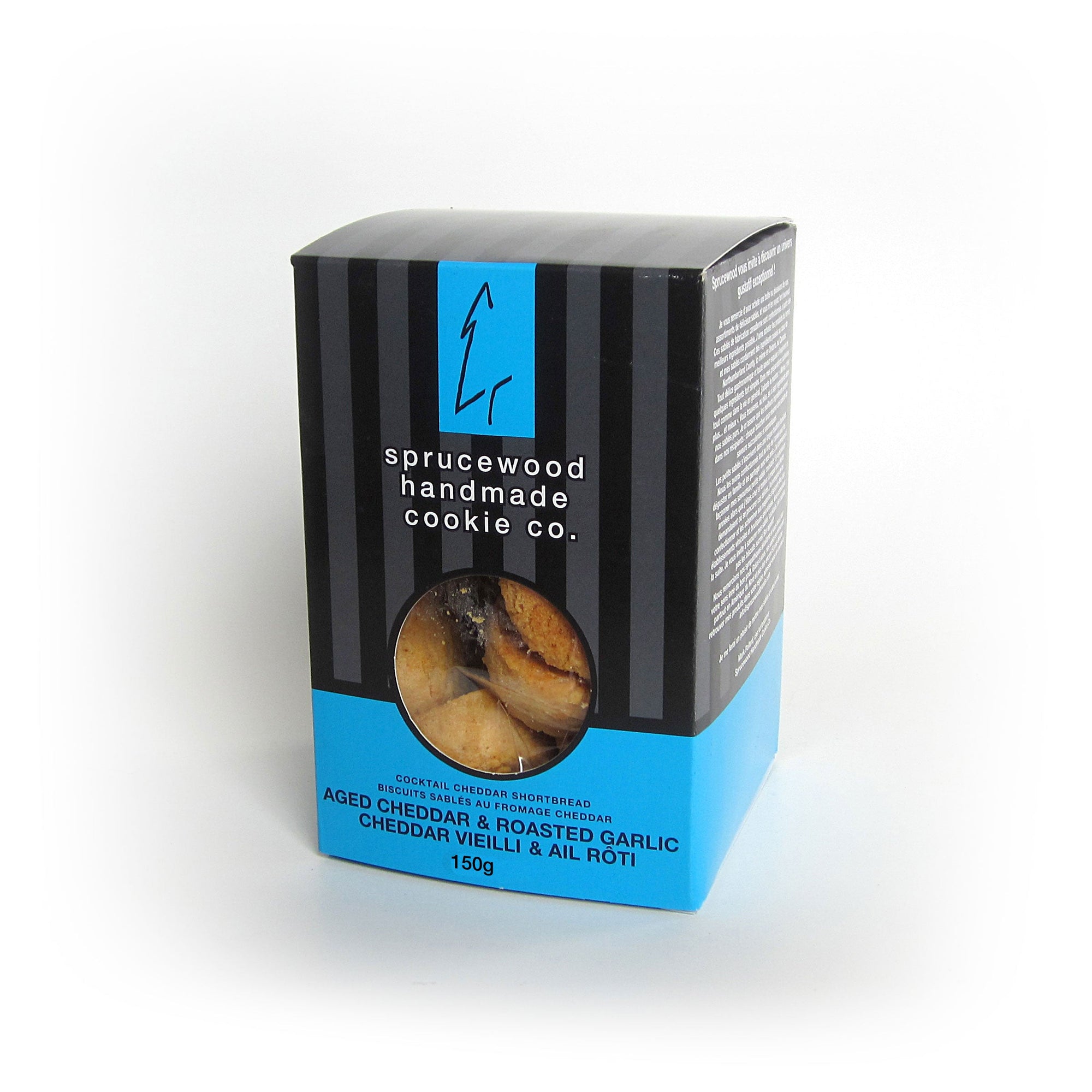 Box of Sprucewood aged cheddar and roasted garlic shortbread