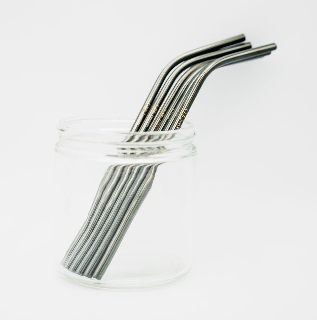 stainless steel reusable straw bent silver seven in a jar