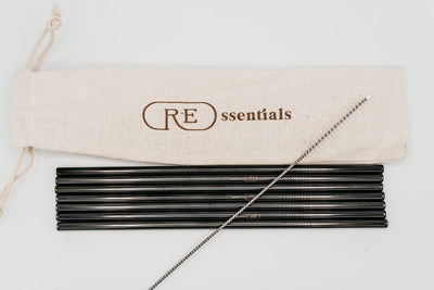 stainless steel reusable straw straight black seven pack with bag and cleaner
